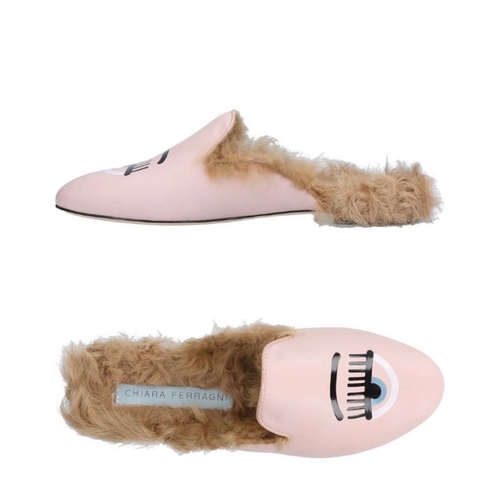 New! CHIARA FERRAGNI Flirting Eye Fur Leather Mules - Picture 4 of 11
